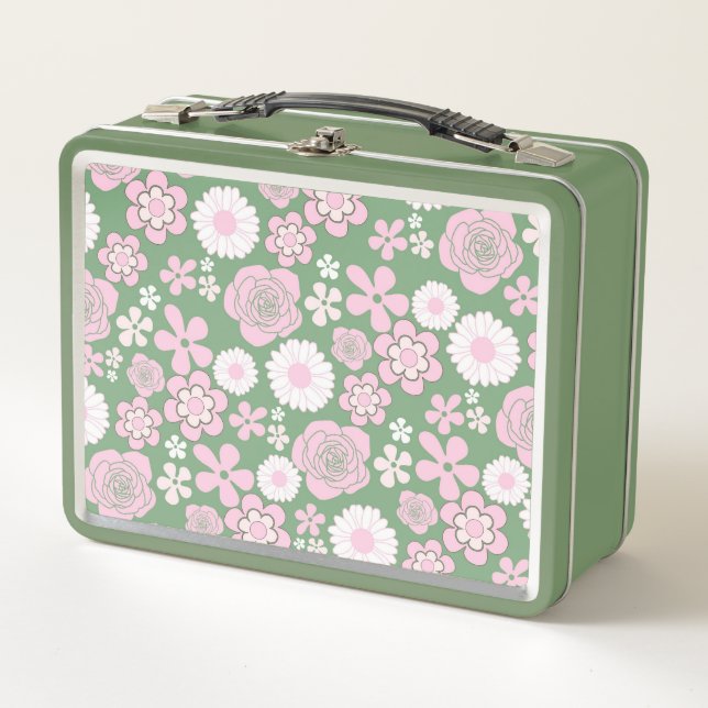 Green Pink White Retro Y2K 70er Blume Muster Metall Brotdose (Vorderseite)