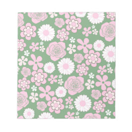 Green Pink White Retro Y2K 70er Blume Muster Notizblock
