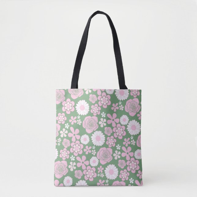 Green Pink White Retro Y2K 70er Blume Muster Tasche (Vorderseite)