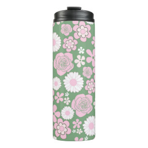 Green Pink White Retro Y2K 70er Blume Muster Thermosbecher