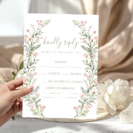 Green pink wildflower floral wedding RSVP cards Karte