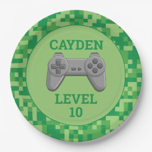 Green pixellevel up Video Game Birthday Party Pappteller