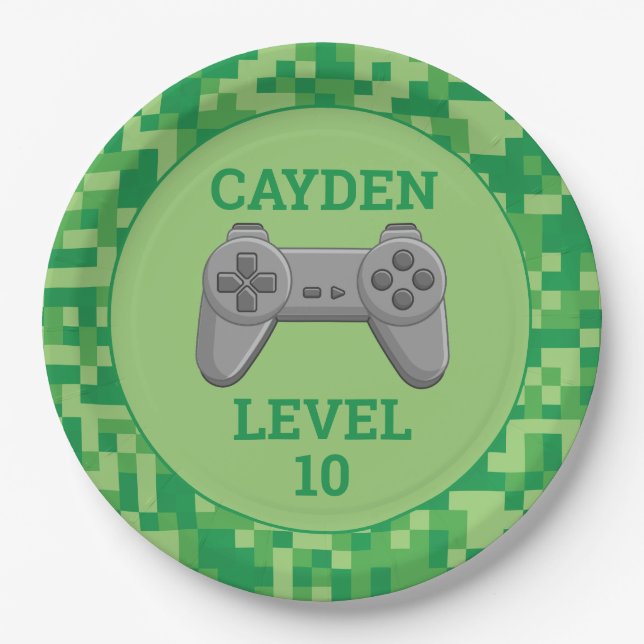 Green pixellevel up Video Game Birthday Party Pappteller (Vorderseite)
