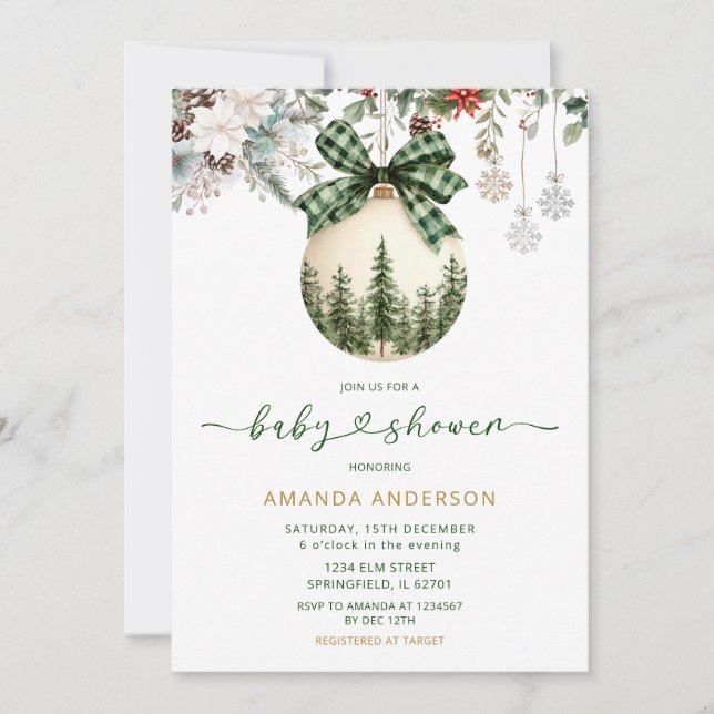 Green Plaid Bow Floral Winter Ornament Baby Shower Einladung (Vorderseite)
