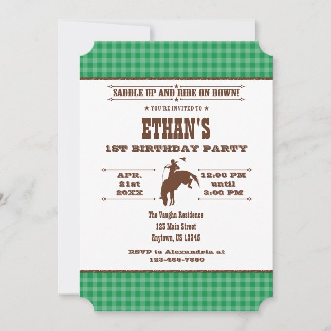 Green Plaid Cowboy Rodeo Anniversaire Invitation (Devant)