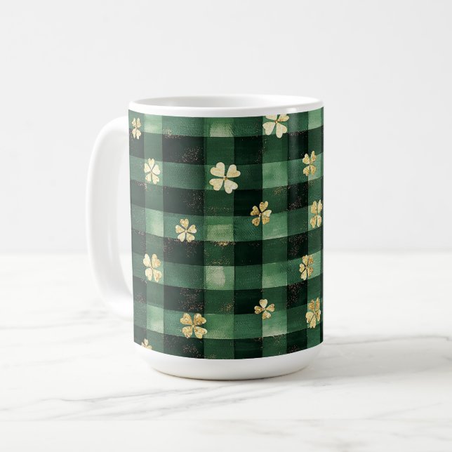 Green Plaid Gold Shamrocks St. Patrick's Day   Kaffeetasse (Vorderseite Links)