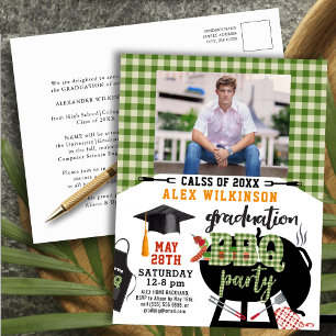 Green Plaid Graduation BBQ Party Photo Invitation