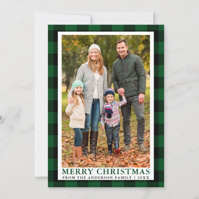 Green Plaid Joyeux Noël Famille Carte photo (Devant)