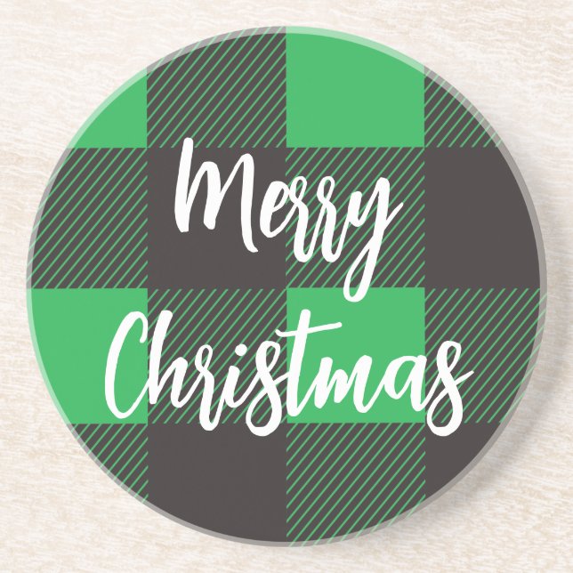 Green Plaid Pattern Merry Christmas Getränkeuntersetzer (Vorne)