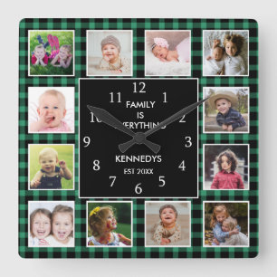 Green Plaid Photo Collage Family Quote Christmas Quadratische Wanduhr