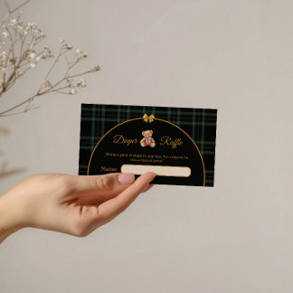 Green Plaid Teddy Bear Diaper Raffle Tickets Begleitkarte