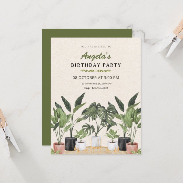 Green plants birthday einladung (Vorderseite/Rückseite Beispiel)