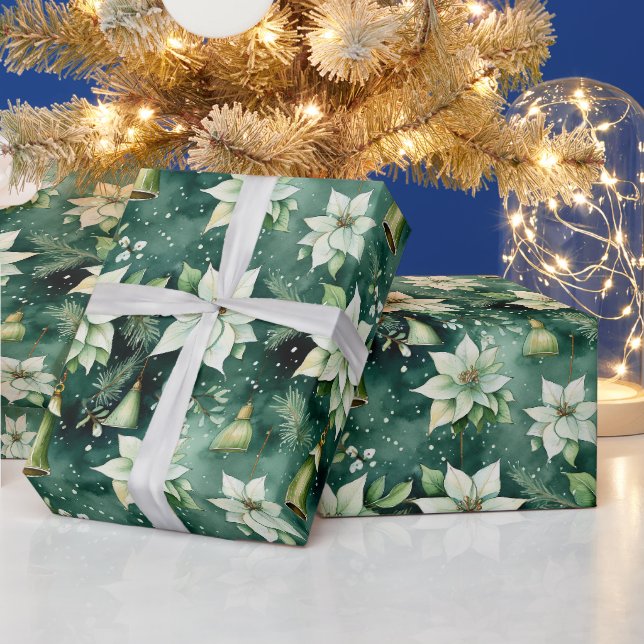 Green Poinsettia & Bell Weihnachtswrap Geschenkpapier (Feiertage)