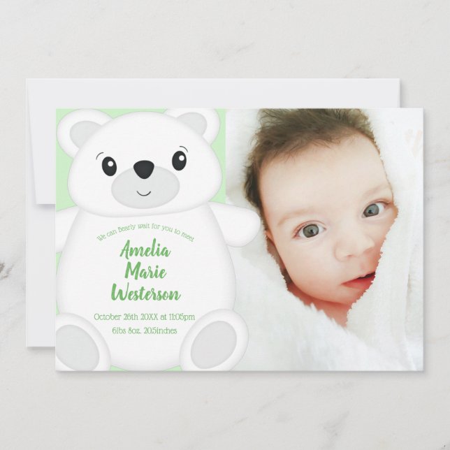 Green Polar Bear Baby Dusche Einladung (Vorderseite)