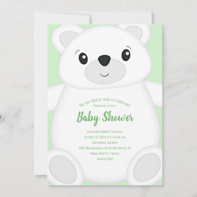 Green Polar Bear Baby Dusche Einladung (Vorderseite)