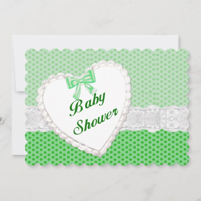 Green Polka Dot Lace Heart Baby shower Invitation (Devant)
