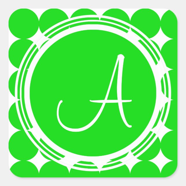 Green Polka Dot Monogram Quadratischer Aufkleber (Vorderseite)
