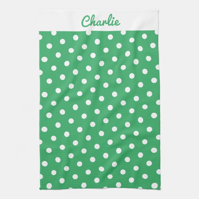 Green Polka Dots Muster Stilvoll Personalisiert Geschirrtuch (Vertikal)