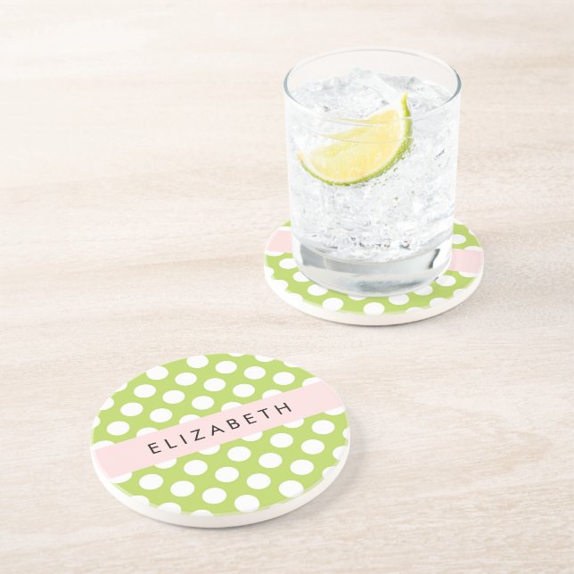 Green Polka Dots, Polka Dot Pattern, Ihr Name Getränkeuntersetzer (Seite)