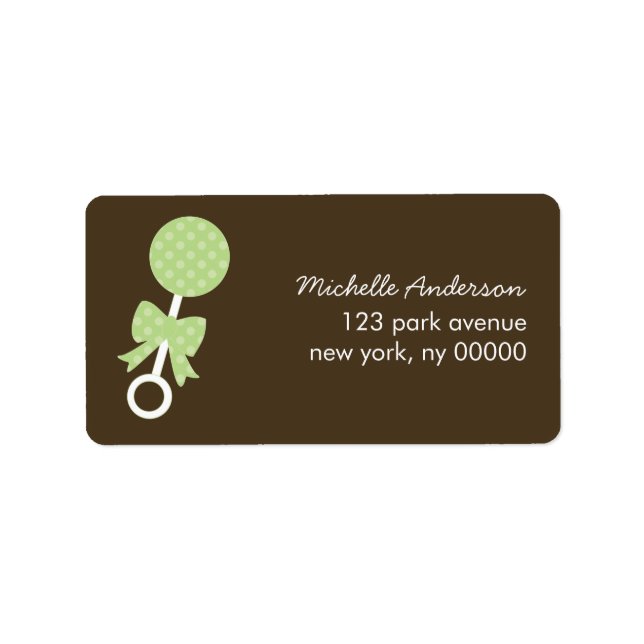 Green Polka Dots Rattle Baby Shower Labels Adressaufkleber (Vorne)