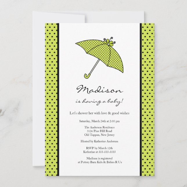 Green Polka Dots Umbrella Babydusche Einladung (Vorderseite)