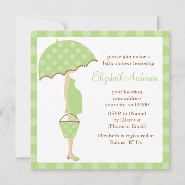 Green Polka Dots Umbrella Mama Babydusche Einladung (Vorderseite)