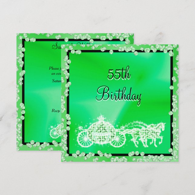 Green Princess Coach & Horses 55. Geburtstag Einladung (Vorne/Hinten)