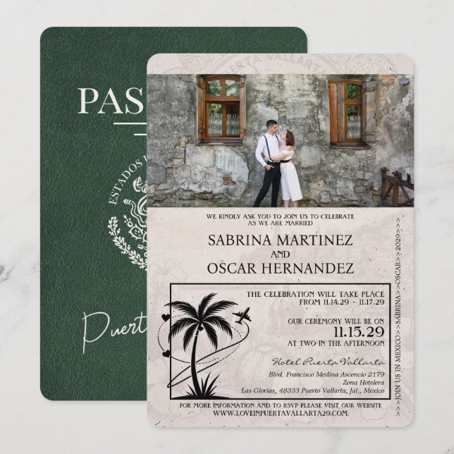 Green Puerta Vallarta Passport Wedding Einladung (Vorne/Hinten)