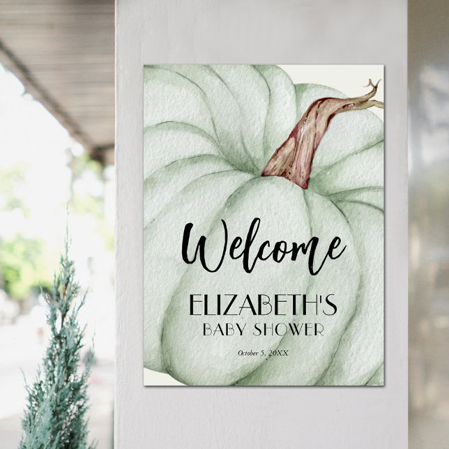 Green Pumpkin Fall Baby Dusche Willkommen Poster (Green Pumpkin Fall Baby Shower Welcome Sign Poster)