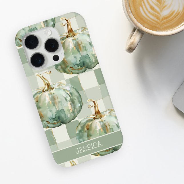 Green Pumpkin Fall Wasserfarbe Checked Custom Case-Mate iPhone Hülle (Watercolor Green Pumpkin Fall  Checkered Custom Case-Mate iPhone Case)