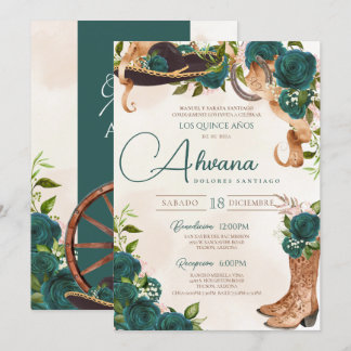 Green Quinceanera Rose Vintag Charro Western Einladung