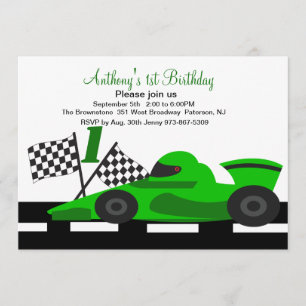 Green Race Car Boys Erster Geburtstag Einladung