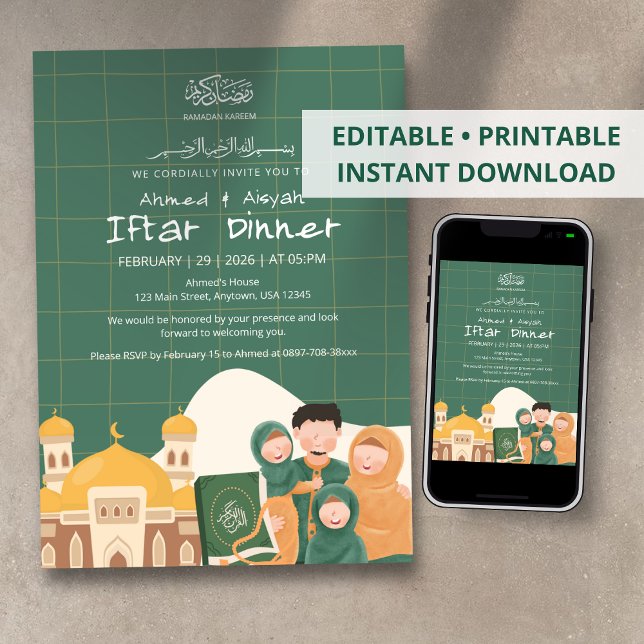 Green Ramadan Iftar Invitation with Mosque, Quran Einladung (Von Creator hochgeladen)