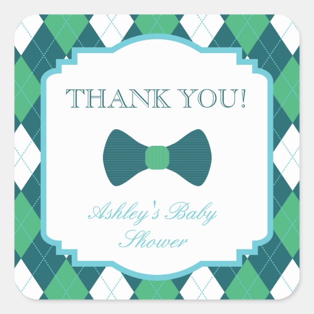 Green Raute & Bow Baby Dusche Vielen Dank Quadratischer Aufkleber (Vorderseite)