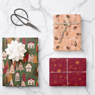 Green Red and Pink Christmas Forest Village Geschenkpapier Set