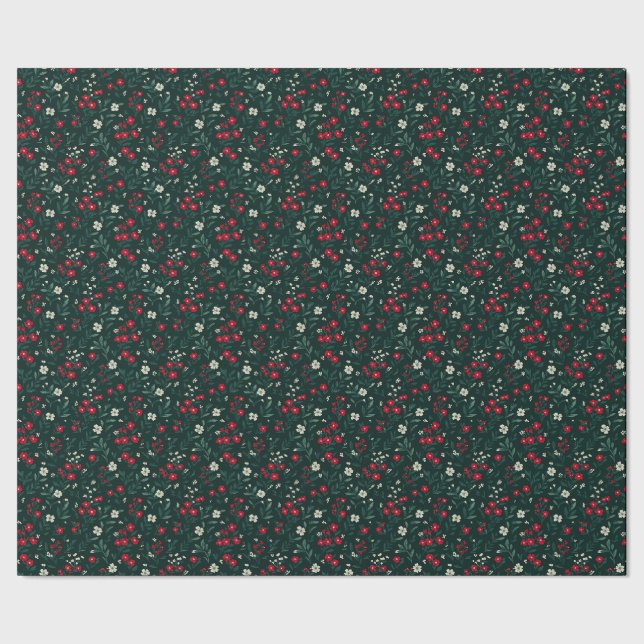 Green red and white Christmas flowers Geschenkpapier (Saum)