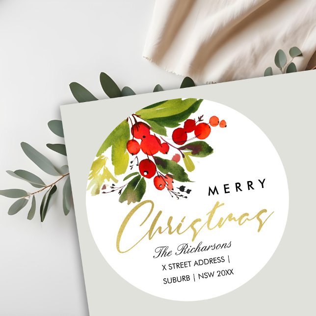 GREEN RED BERRY WATERCOLOR MERRY CHRISTMAS ADRESSE RUNDER AUFKLEBER (Von Creator hochgeladen)