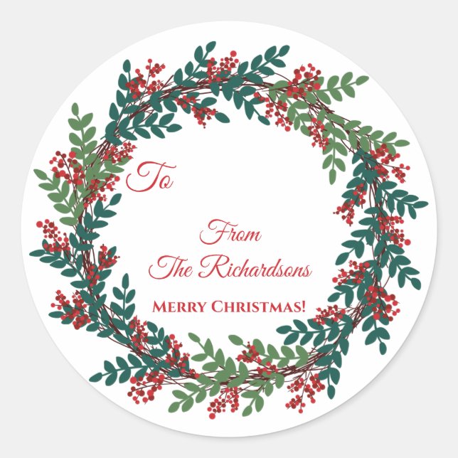Green Red Berry Wreath Name Weihnachtsgeschenk Runder Aufkleber (Vorderseite)