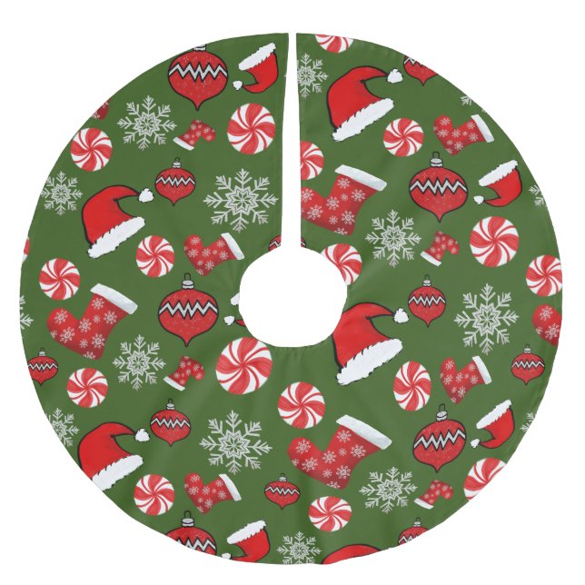 Green Red Christmas Pattern Polyester Weihnachtsbaumdecke (Vorderseite)