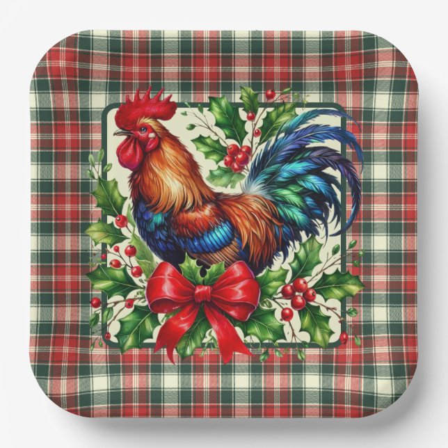 Green Red Christmas Rooster Pappteller (Vorderseite)