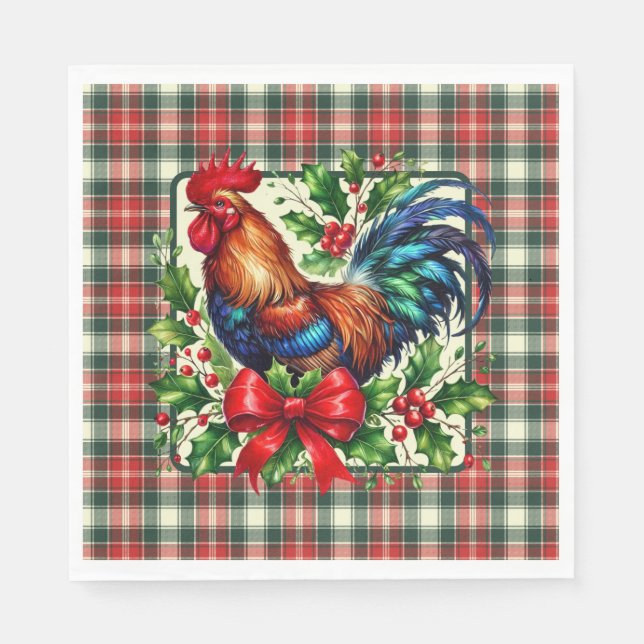 Green Red Christmas Rooster Serviette (Vorderseite)