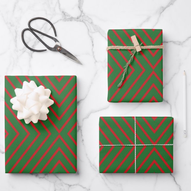 Green & Red Diagonal Lines Geschenkpapier Set (Vorderseite)