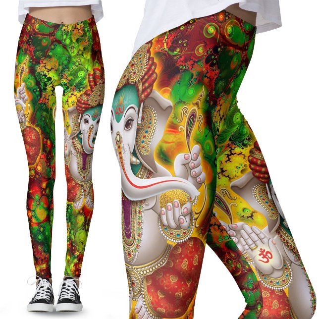Green Red Ganesh Hippie Boho Psychedelic Festival Leggings (Von Creator hochgeladen)