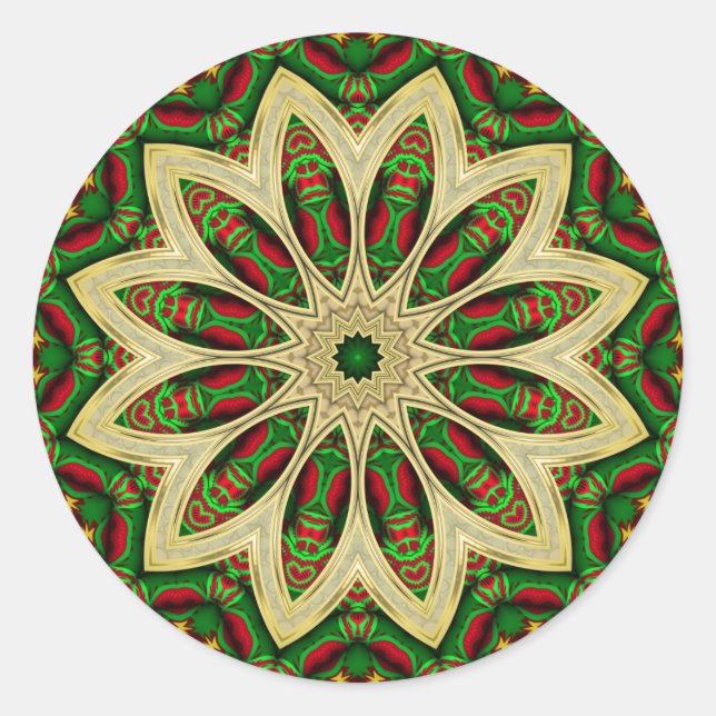 Green Red Gold Blume für Tribal Holiday Runder Aufkleber (Vorderseite)