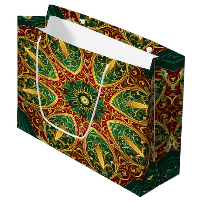 Green Red Gold Decorative Holiday Gift Bag Große Geschenktüte (Vorderseite Schrägansicht)