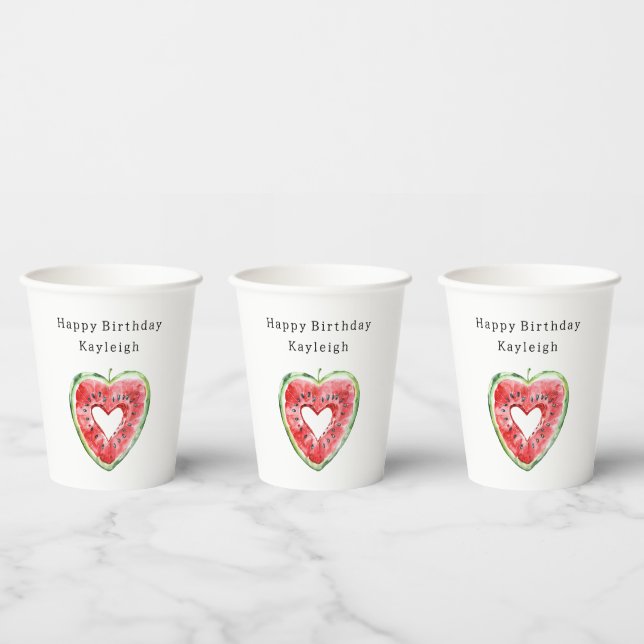 Green Red Heart Watermelon Birthday Pappbecher (Multi)