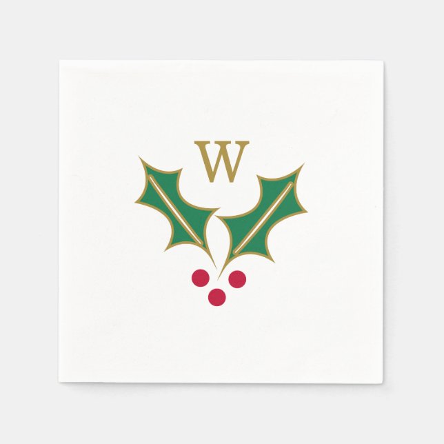 Green Red Holly Berries Christmas Monogram Serviette (Vorderseite)