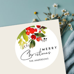 GREEN RED HOLY BERRIES WATERCOLOR MERRY CHRISTMAS RUNDER AUFKLEBER