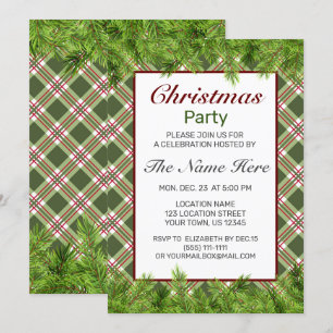 Green Red Kariert & Pine Branch Weihnachtsfest Par Einladung