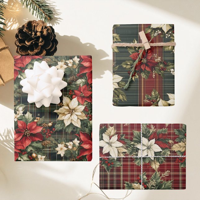 Green Red Kariert & Poinsettias Weihnachtsfeiertag Geschenkpapier Set (Von Creator hochgeladen)
